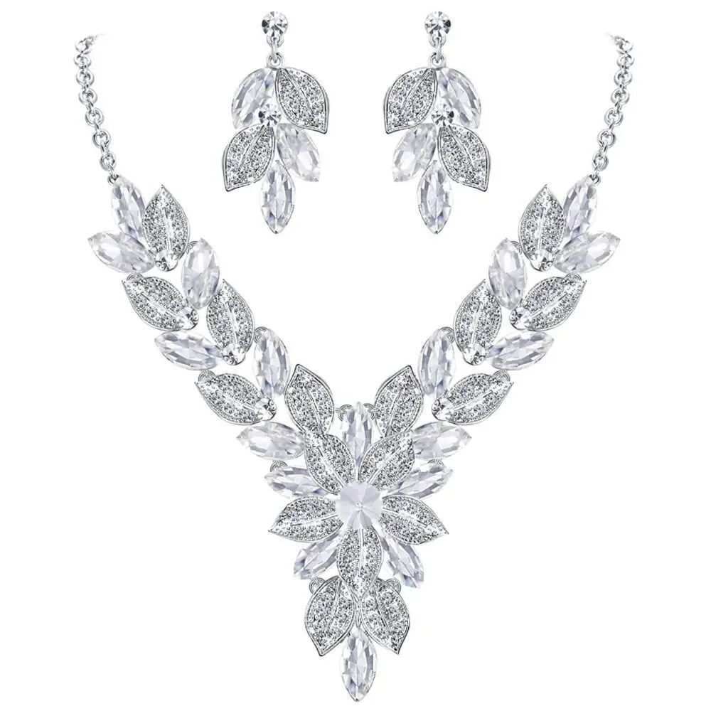 Silver with White Diamond Crystal Cluster Flower Leaf Necklace and Earrings Set